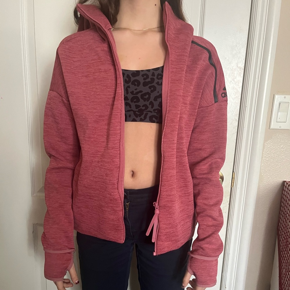 pinkish/red zip up thick adidas athletic jacket with thumb holes